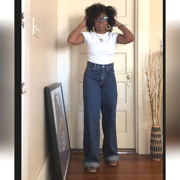 Zara WIDE LEG HIGH WAIST TURNED UP JEANS Blue - Picture 10 of 16